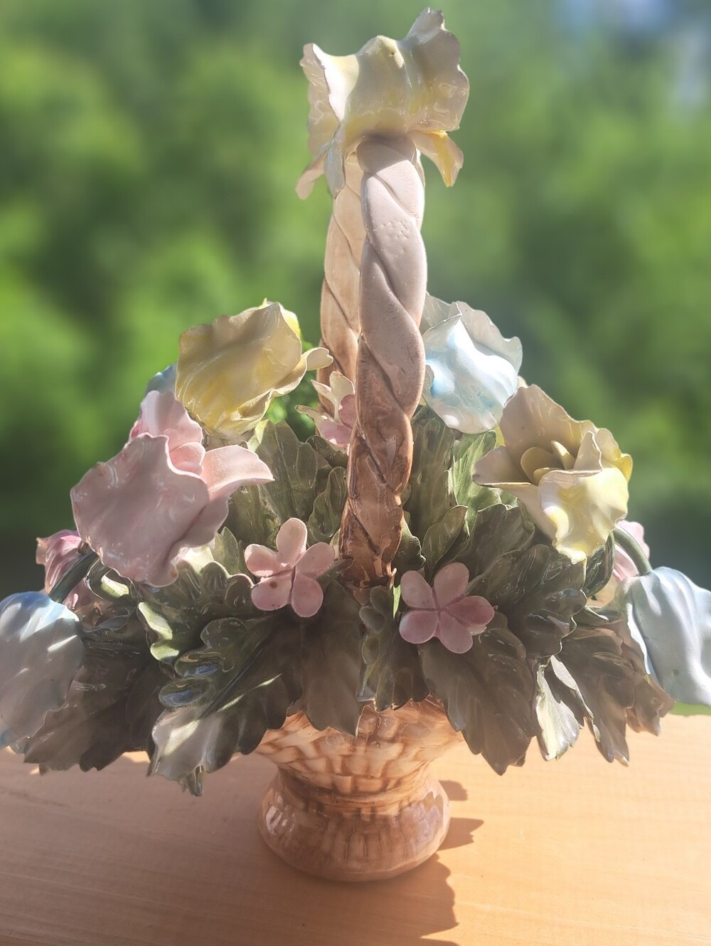 Vtg.  Celani Italy Capodimonte Medium Rose Bouquet W/Basket Centerpiece  Signed